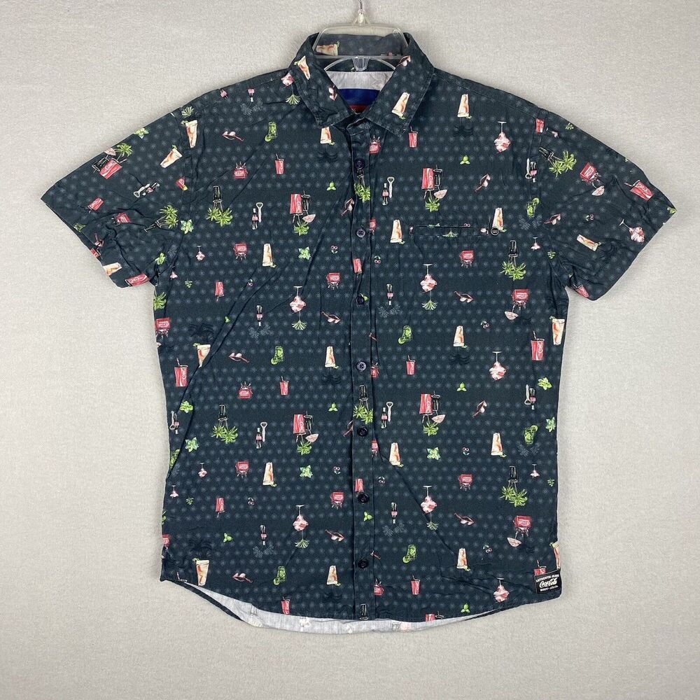 Coca Cola Shirt Mens Medium Black Green Red Hawaiian Button Up Atlanta Georgia